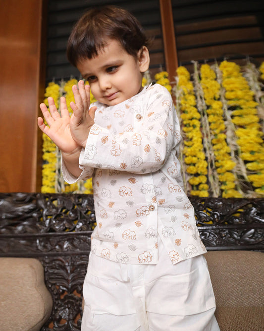 Polka Tots Brown Angrakha Dhoti Set-Elephant Print-Cotton-For Infants