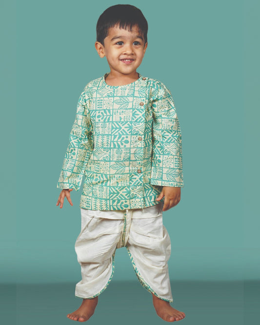 Polka Tots Sea Green Angrakha Dhoti Set-Geometric Print-Cotton-For Infants