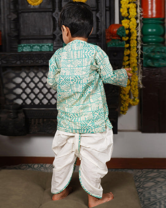 Polka Tots Sea Green Angrakha Dhoti Set-Geometric Print-Cotton-For Infants