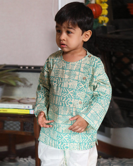 Polka Tots Sea Green Angrakha Dhoti Set-Geometric Print-Cotton-For Infants