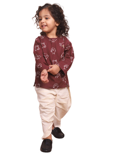 Polka Tots Brown & Beige Angrakha Dhoti Set-Printed-Cotton-For Infants