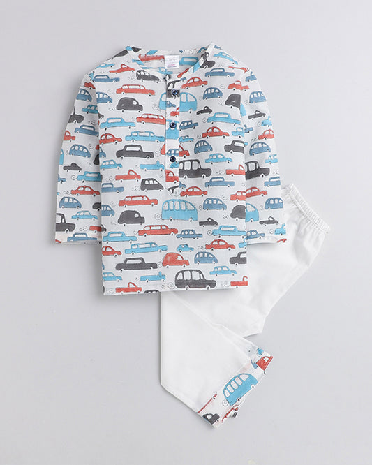 Polka Tots White Kurta Pajama Set-Cars-Print-Cotton-For Infants