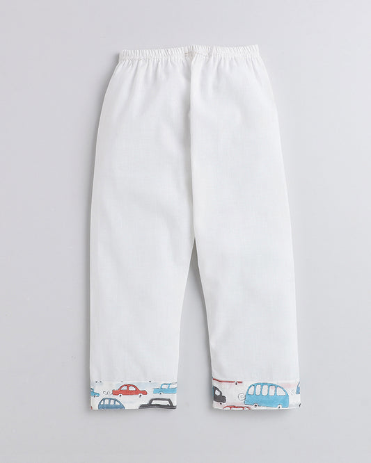 Polka Tots White Kurta Pajama Set-Cars-Print-Cotton-For Infants