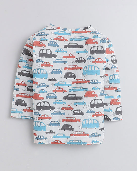 Polka Tots White Kurta Pajama Set-Cars-Print-Cotton-For Infants