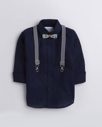 Polka Tots Blue Shirt with Bow Tie & Suspender-Solid-Cotton-For Infants