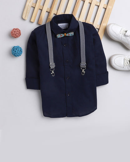 Polka Tots Blue Shirt with Bow Tie & Suspender-Solid-Cotton-For Infants