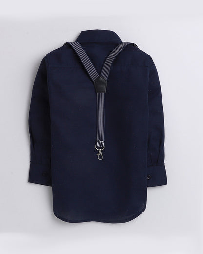 Polka Tots Blue Shirt with Bow Tie & Suspender-Solid-Cotton-For Infants