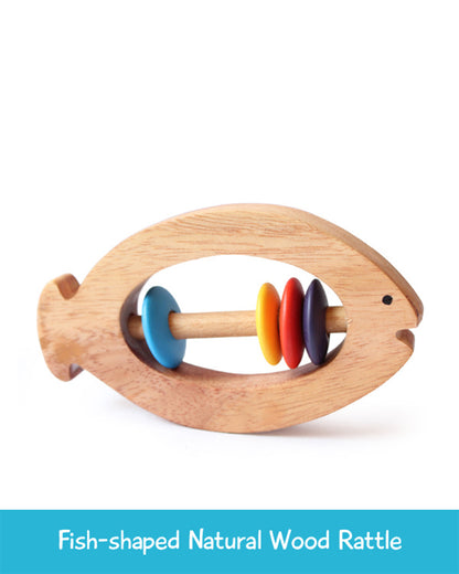 Shumee Fish Shaped Neem Wooden Teether Rattle Toy-Smooth Edges & Non Toxic-For Infants