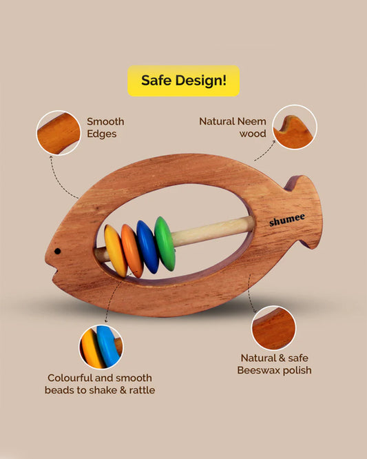 Shumee Fish Shaped Neem Wooden Teether Rattle Toy-Smooth Edges & Non Toxic-For Infants