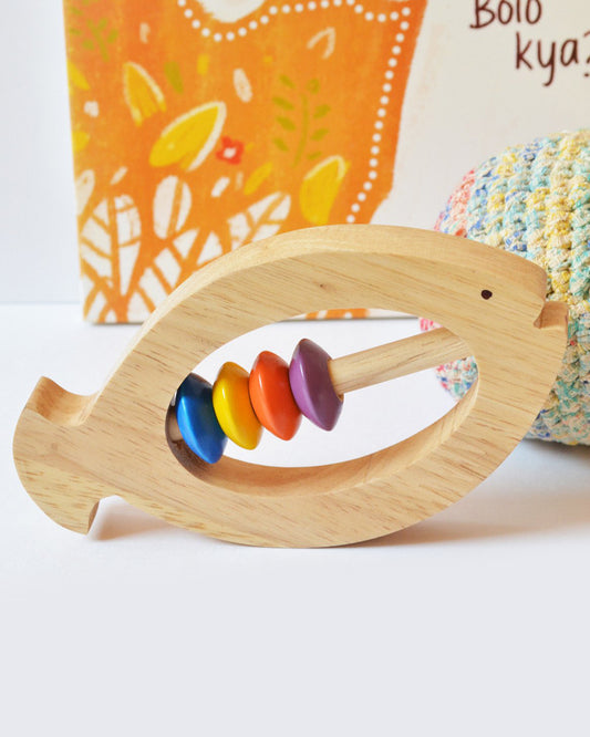 Shumee Fish Shaped Neem Wooden Teether Rattle Toy-Smooth Edges & Non Toxic-For Infants