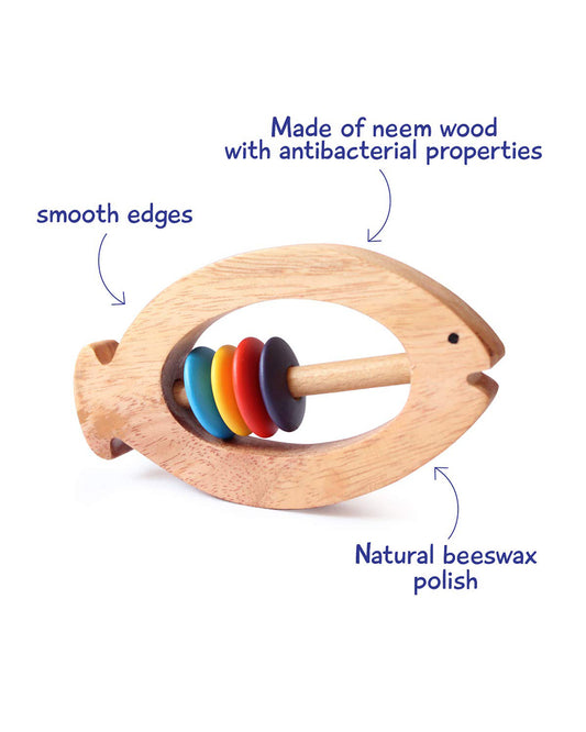 Shumee Fish Shaped Neem Wooden Teether Rattle Toy-Smooth Edges & Non Toxic-For Infants