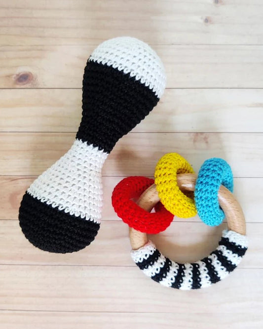 Shumee High Contrast Crochet & Wooden Teether Rattle Toy-Improves Tactile Stimulation-For Infants