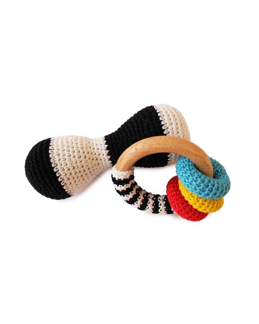 Shumee High Contrast Crochet & Wooden Teether Rattle Toy-Improves Tactile Stimulation-For Infants