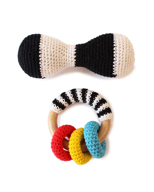 Shumee High Contrast Crochet & Wooden Teether Rattle Toy-Improves Tactile Stimulation-For Infants