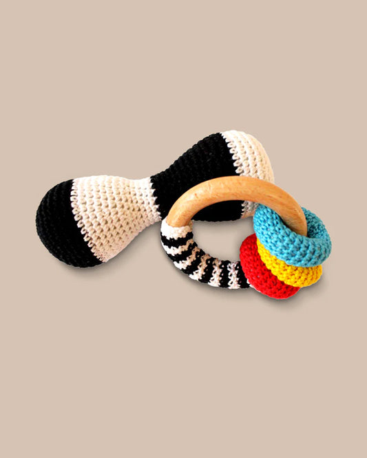 Shumee High Contrast Crochet & Wooden Teether Rattle Toy-Improves Tactile Stimulation-For Infants