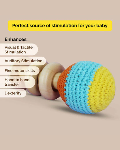 Shumee Organic Crochet Shaker Wooden Teether Rattle Toy-For Infants