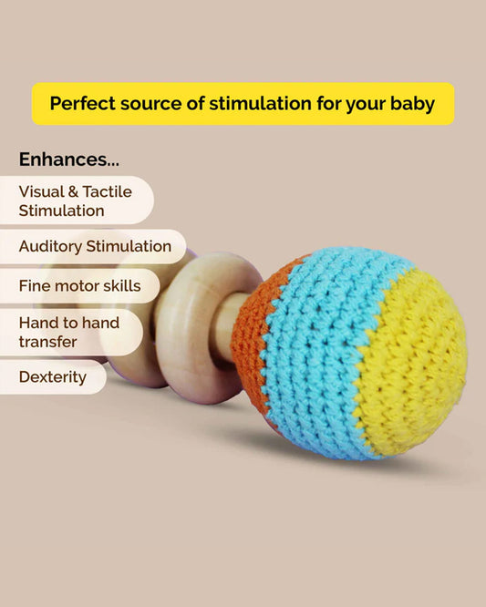 Shumee Organic Crochet Shaker Wooden Teether Rattle Toy-For Infants