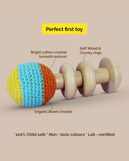 Shumee Organic Crochet Shaker Wooden Teether Rattle Toy-For Infants