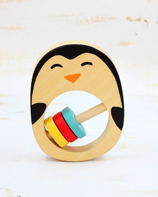 Shumee Penguin Wooden Teether Rattle Toy-Smooth Edges & Non Toxic-For Infants