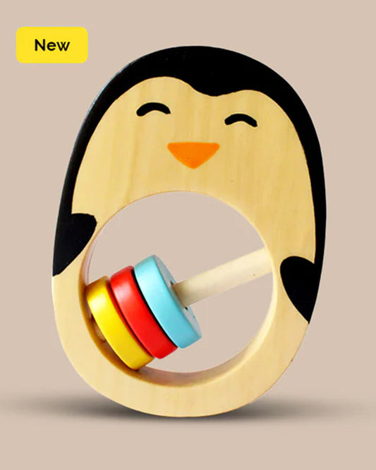 Shumee Penguin Wooden Teether Rattle Toy-Smooth Edges & Non Toxic-For Infants