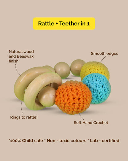 Shumee Wooden Crochet Teether Rattle Ring Toy-For Infants