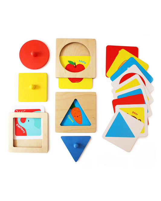 Shumee Montessori Wooden Shapes Peg Puzzle-With 3 Puzzle & 9 Flash Cards-Shape Sorter & Stacker-Learning & Educational Toys-12M+