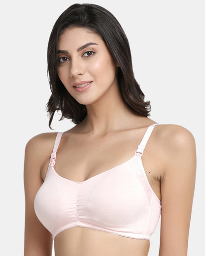 Inner Sense Organic Cotton Feeding Bra-Pink-Wire Free & Full Coverage-With Removable Pads-Front Clasps-For Nursing