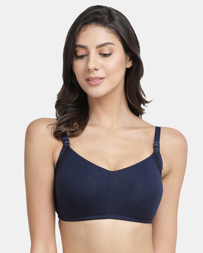 Inner Sense Organic Cotton Feeding Bra-Navy Blue-Wire Free & Full Coverage-With Removable Pads-Front Clasps-For Nursing