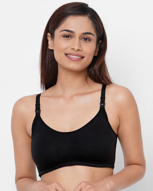 Inner Sense Organic Cotton Bamboo Feeding Bra-Black-Wire Free & Non Padded-Front Clasps-Full Coverage-For Nursing