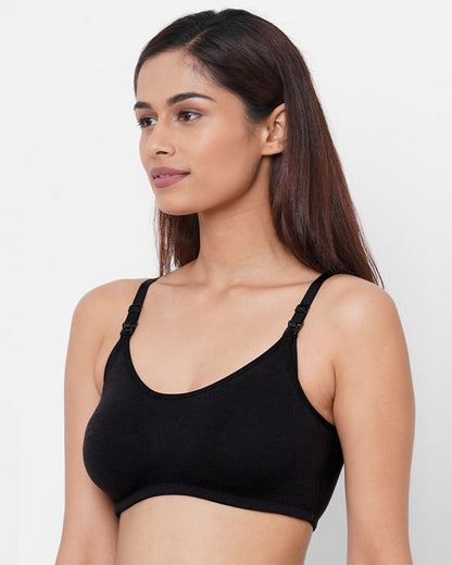 Inner Sense Organic Cotton Bamboo Feeding Bra-Black-Wire Free & Non Padded-Front Clasps-Full Coverage-For Nursing