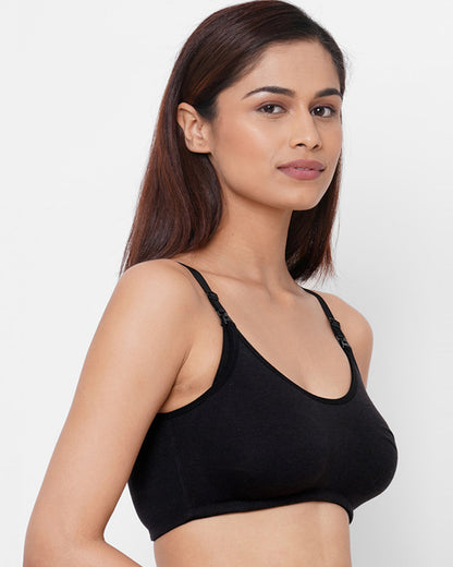 Inner Sense Organic Cotton Bamboo Feeding Bra-Black-Wire Free & Non Padded-Front Clasps-Full Coverage-For Nursing