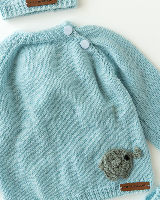 The Original Knit Sky Blue Winter Wear Sweater-Elephant Patch-Handmade-Yarn-For Infants