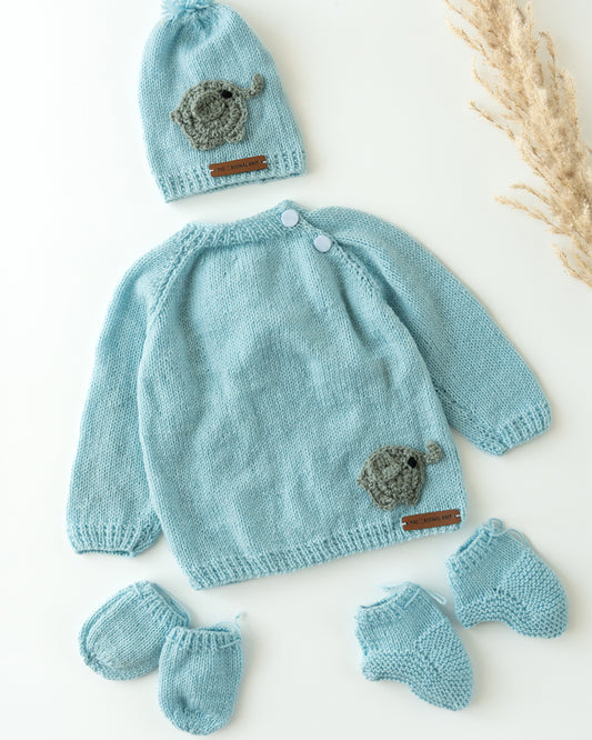 The Original Knit Sky Blue Winter Wear Sweater-Elephant Patch-Handmade-Yarn-For Infants