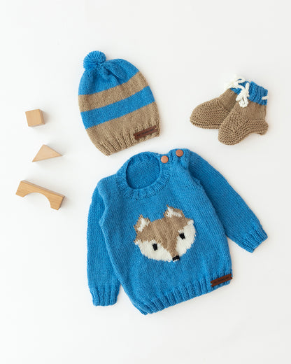 The Original Knit Blue Winter Wear Sweater With Cap and Booties-Fox Knitted-Yarn-For Infants