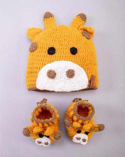 The Original Knit Yellow Winter Wear Cap & Booties-Giraffe Crochet-Yarn-For Infants