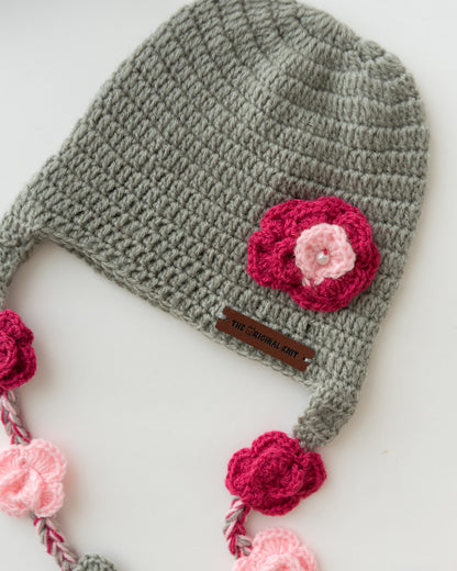 The Original Knit Grey & Pink Winter Wear Cap-Flower Patch-Yarn-For Infants