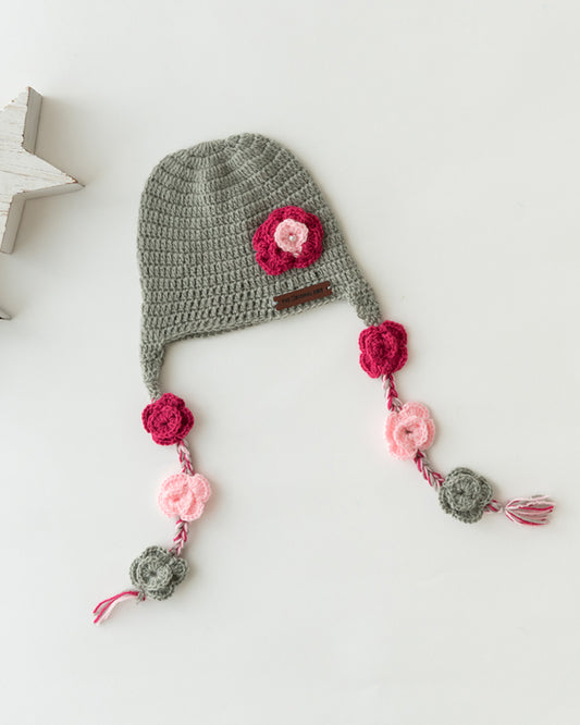 The Original Knit Grey & Pink Winter Wear Cap-Flower Patch-Yarn-For Infants