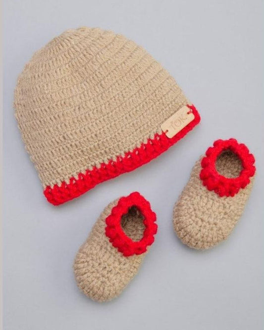 The Original Knit Beige, Red Winter Wear Cap & Booties-Crochet-Handmade-Yarn-For Infants