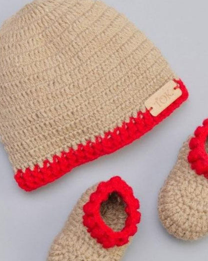 The Original Knit Beige, Red Cap & Booties-Crochet-Handmade-Yarn-For Infants