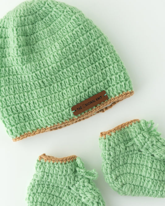 The Original Knit Green Winter Wear Cap & Booties-Crochet-Handmade-Yarn-For Infants