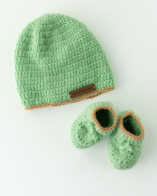 The Original Knit Green Winter Wear Cap & Booties-Crochet-Handmade-Yarn-For Infants