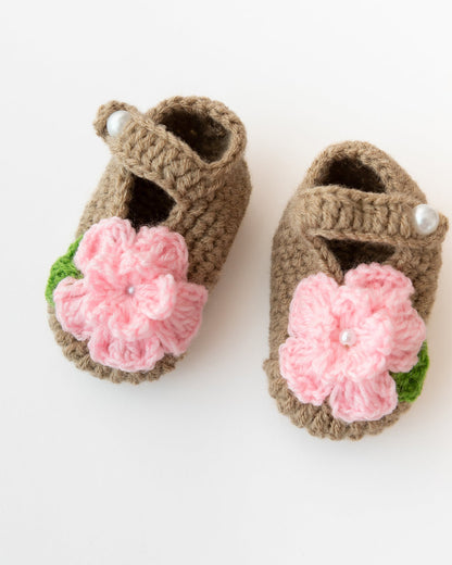 The Original Knit Beige & Baby Pink Winter Wear Booties-Flower Patch-Yarn-For Infants