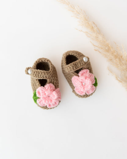 The Original Knit Beige & Baby Pink Winter Wear Booties-Flower Patch-Yarn-For Infants