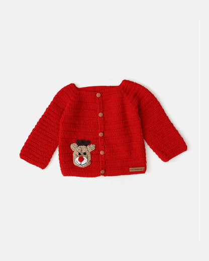 The Original Knit Red & Beige Winter Wear Sweater-Reindeer Patch-Yarn-For Infants