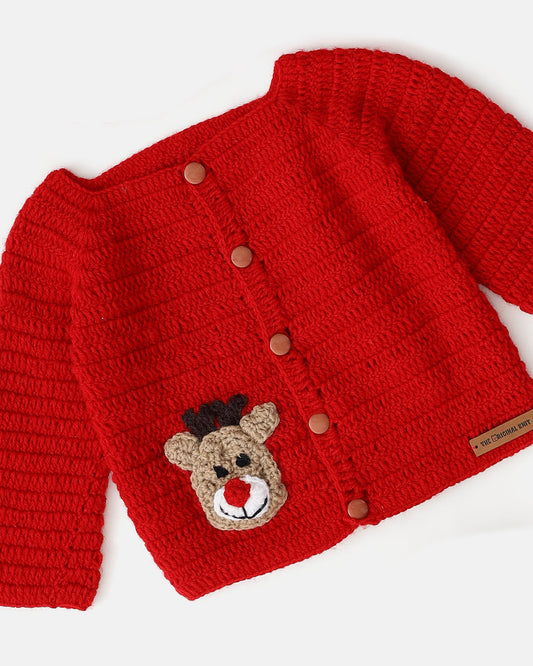 The Original Knit Red & Beige Winter Wear Sweater-Reindeer Patch-Yarn-For Infants