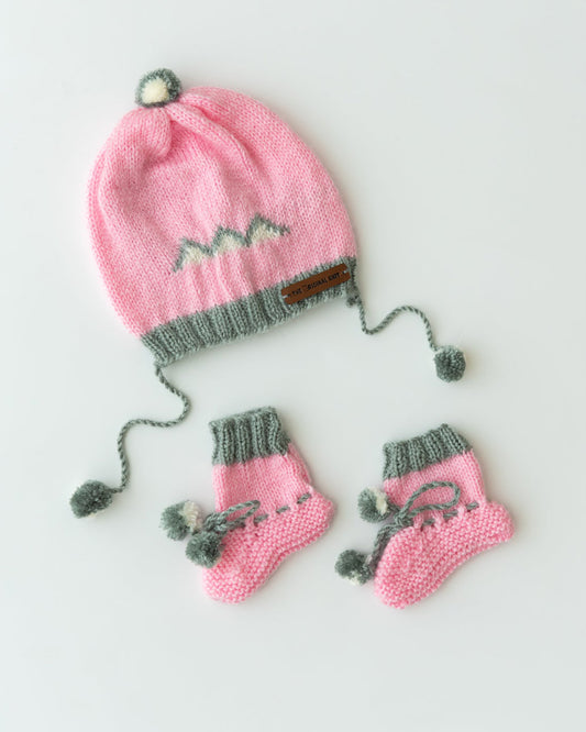 The Original Knit Baby Pink & Grey Winter Wear Cap & Booties-Crochet-Handmade-Yarn-For Infants