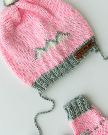 The Original Knit Baby Pink & Grey Winter Wear Cap & Booties-Crochet-Handmade-Yarn-For Infants