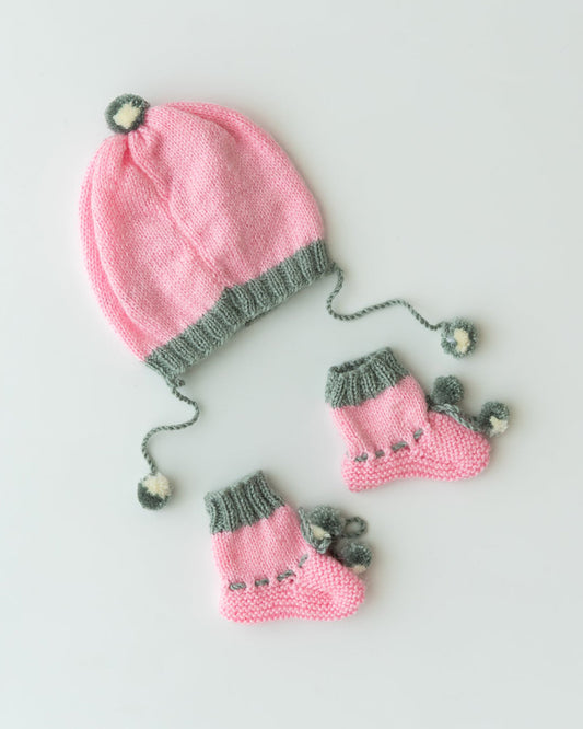 The Original Knit Baby Pink & Grey Winter Wear Cap & Booties-Crochet-Handmade-Yarn-For Infants