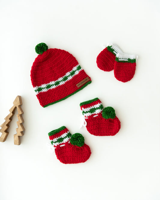 The Original Knit Red & Green Winter Wear Cap, Mittens & Booties-Crochet-Handmade-Yarn-For Infants