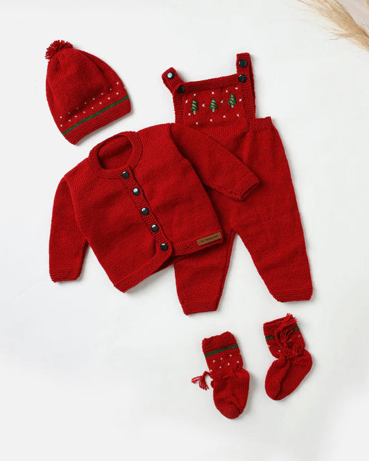 The Original Knit Red Winter Wear Dungaree Set-Knitted-Handmade-Yarn-For Infants